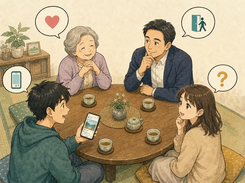 私たちの供養 ─ 4世代が同じ低い卓を囲んで、それぞれの言葉で供養を語る編集部のイラスト