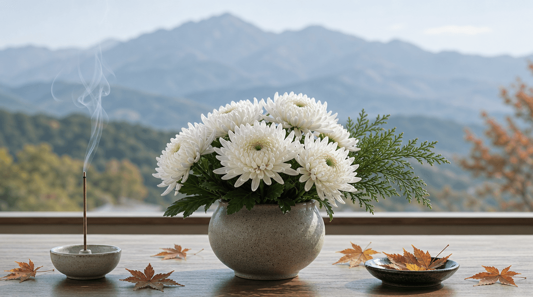 線香の煙と白菊・秩父山地のシルエット|埼玉の樹木葬を考える静かな卓上