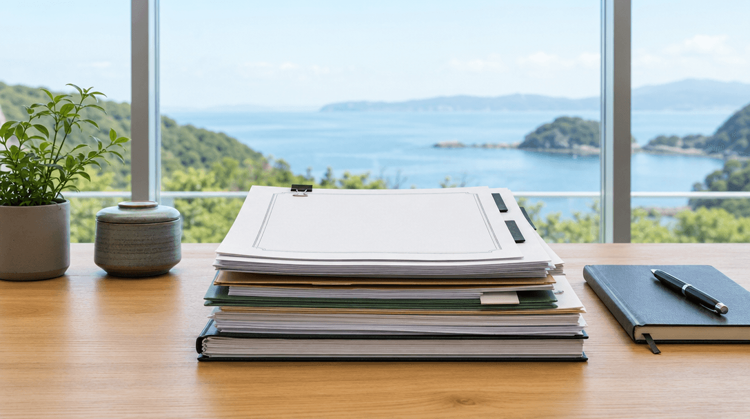 海洋散骨の法律手続きを示す書類と海の風景|散骨は違法?法律と手続き