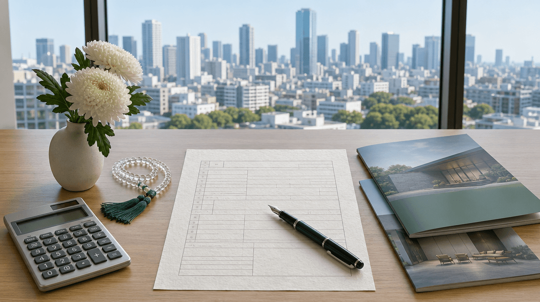 東京のスカイラインを望むデスクに広がる改葬許可申請書と電卓・霊園資料|墓じまい 東京 費用相場・手続き・改葬先の選び方