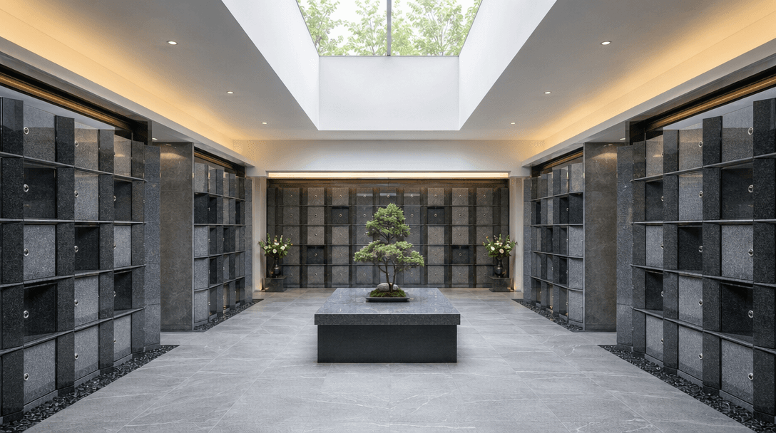 現代的な納骨堂内部、整然と並ぶ墓碑|永代供養 納骨堂の費用相場と選び方