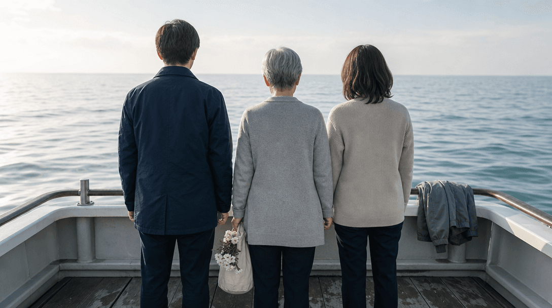 船尾の手すり越しに朝の海を見つめる家族の後ろ姿|海洋散骨の服装マナー