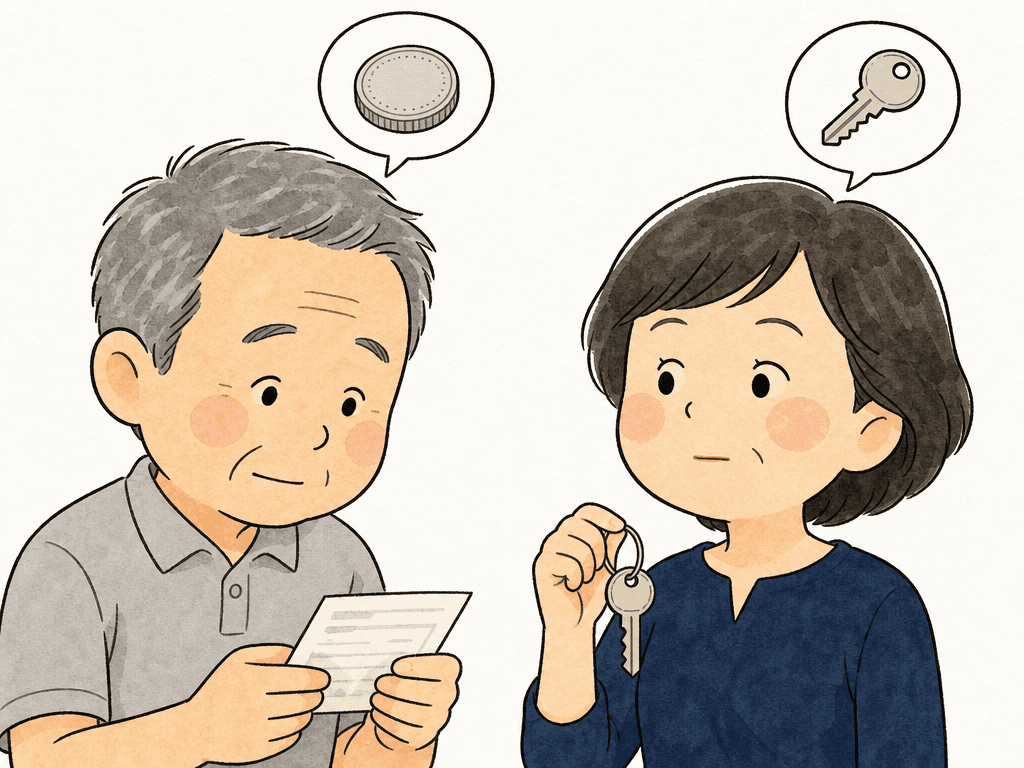 毎年の管理料の振込用紙を見下ろす60代の男性と、実家の鍵を手に決意した表情の50代の女性が向き合う|継ぐか終わらせるか、同じ「負担」という言葉のずれ